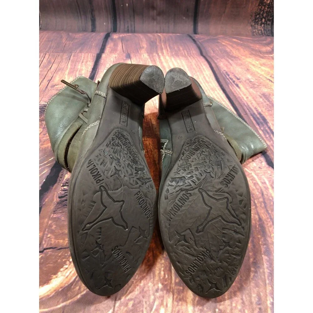 Pikolinos Womens 40 /US 9 - 9.5 Green Leather Heeled Side Zip Booties Boots (t7 - Picture 7 of 10